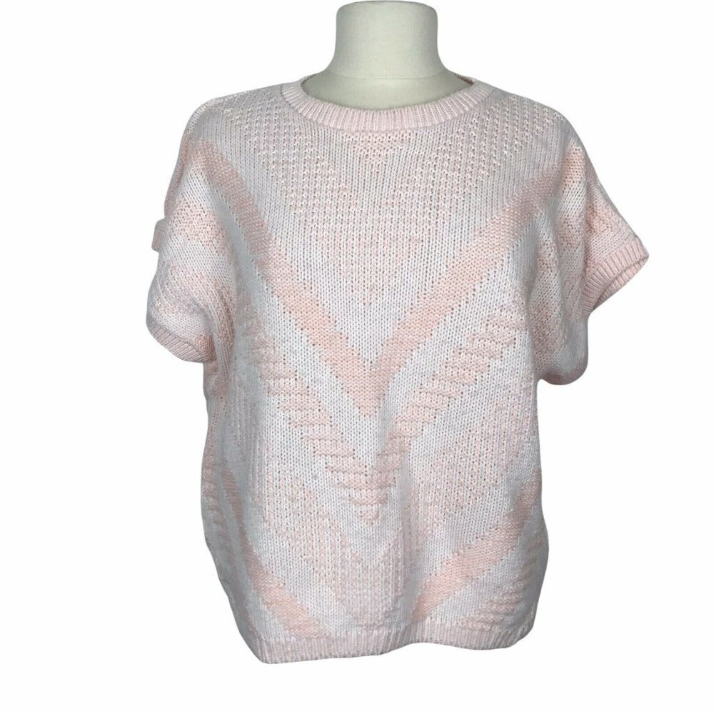 Vintage Picture Perfect Short Sleeve Boxy Sweater M L Peach White Knit Vest